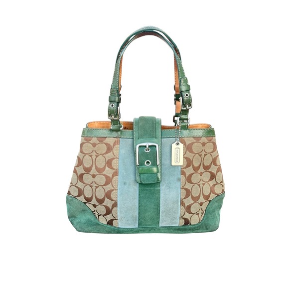 Coach Handbag Purse Buckle G04Q-7054 Signature Canvas & Suede Green Satchel - Picture 1 of 12